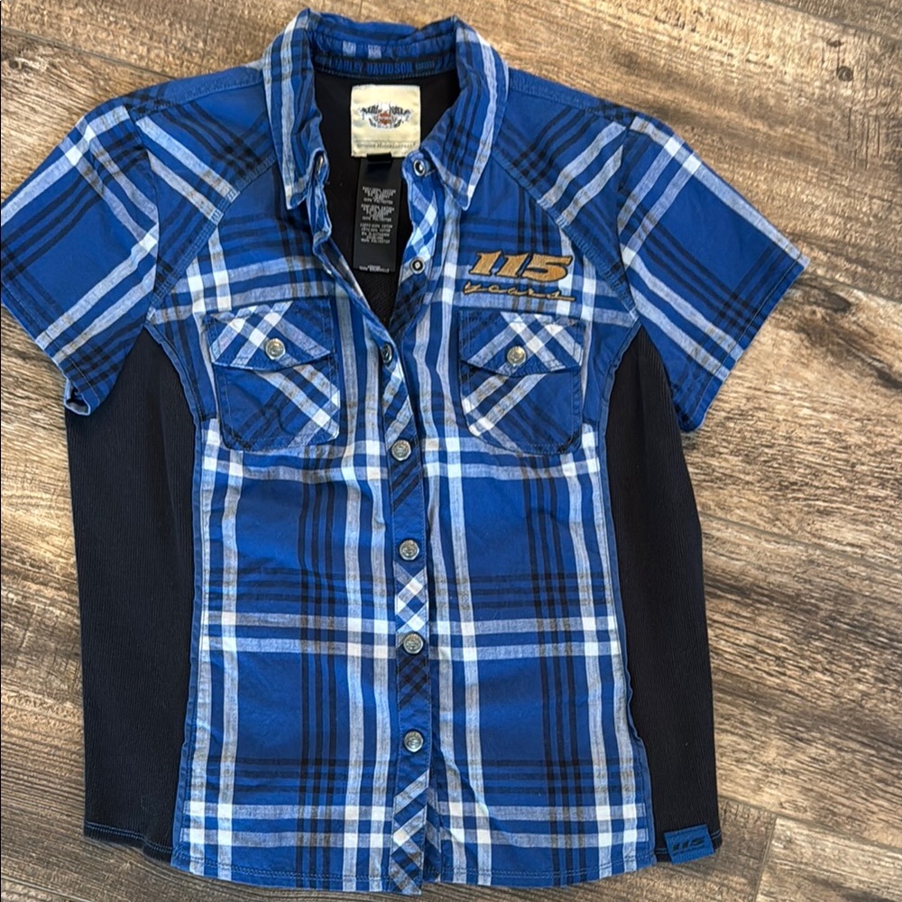 HARLEY DAVIDSON Women's Blue and Black Plaid Shirt